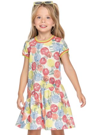 Vestido Infantil Menina Estampado Emoji Feliz Elian Bege