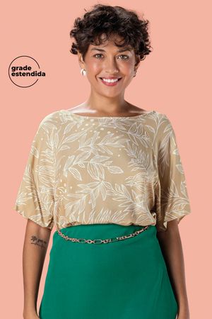 Blusa Feminina Estampada Folhagens com Recorte Mangas Marialícia Bege