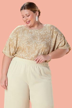 Blusa Feminina Estampada Folhagens com Recorte Mangas Marialícia Bege