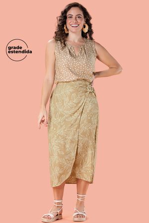 Saia Feminina Midi com Fivela Marialícia Bege