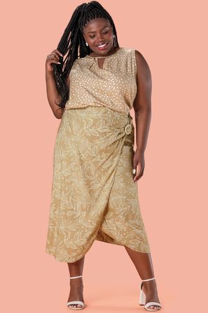 Saia Feminina Midi com Fivela Marialícia Bege