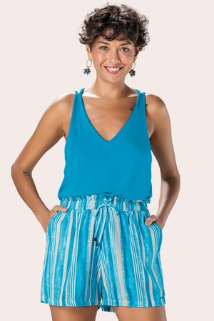 Short Feminino Estampado Listrado Marialícia Azul