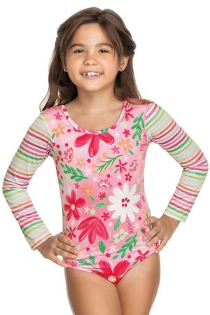 Maiô Infantil Menina Beach Estampado Flores Listrado com Proteção UV Elian Rosa