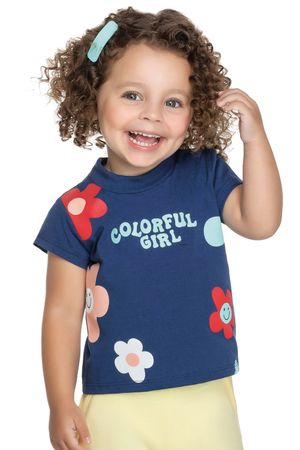 Blusa Infantil Menina Estampada Colorful Girl Elian Azul Escuro