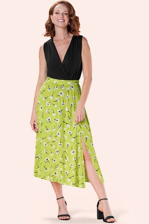 Saia Feminina Flores com Fenda Lateral Marialícia Verde