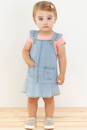 Conjunto Bebê Menina Jeans com Blusa Listrada Colorittá Rosa