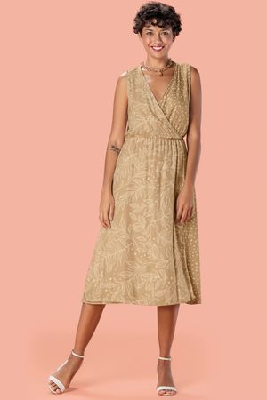 Vestido Feminino Midi Estampado Poá Folhagens Marialícia Bege