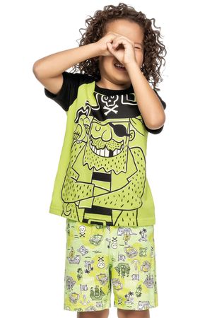 Pijama Infantil Menino Estampado Pirata Brilha no Escuro Elian Verde
