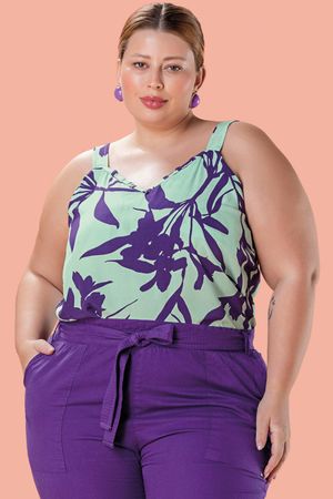 Regata Feminina Estampada Folhagens Decote V Marialícia Roxo