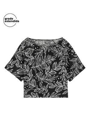 Blusa Feminina Estampada Folhagens com Recorte Mangas Marialícia Preto
