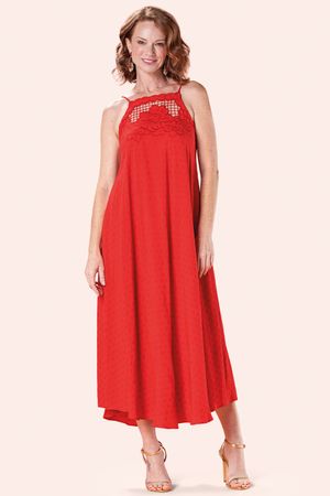 Vestido Feminino Midi com Bordado Frontal Marialícia Vermelho