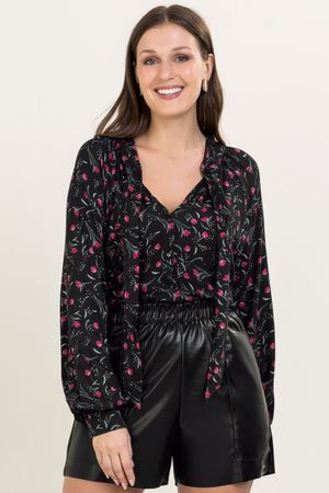 Blusa Feminina Estampa Floral Marialícia Preto