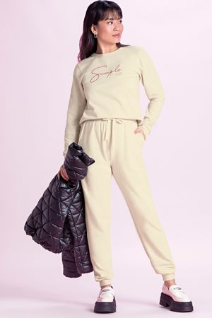 Calça Feminina de Moletom Jogger Marialícia Bege
