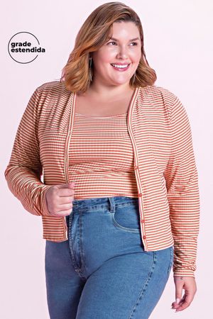 Conjunto Feminino Cardigan com Regata Listrado Marialícia  Rosa