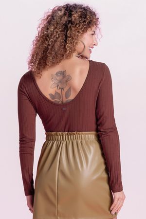Body Feminino Canelado Manga Longa Marialícia Marrom