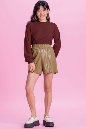 Blusão Feminino com Botões no Ombro Marialícia Marrom