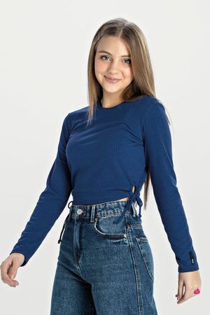Blusa Juvenil Menina Canelada com Detalhe Lateral Elian Beats Azul Marinho