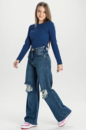 Blusa Juvenil Menina Canelada com Detalhe Lateral Elian Beats Azul Marinho