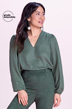 Blusa Feminina Manga Bufante Lurex Marialícia Verde Escuro