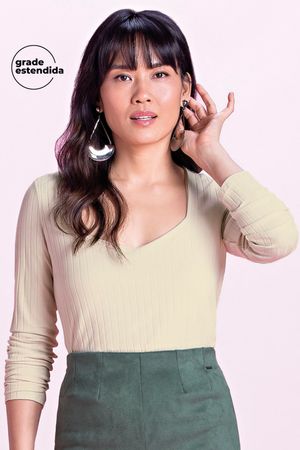 Blusa Feminina Canelada Decote Diamante Marialícia Bege