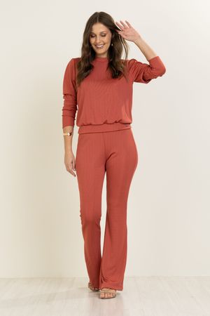 Calça Feminina em Malha Canelada Flare Marialícia Rosa