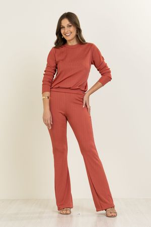Calça Feminina em Malha Canelada Flare Marialícia Rosa