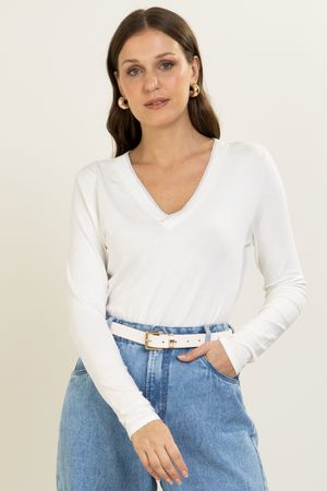 Blusa Feminina Decote V Retilínea Marialícia Bege