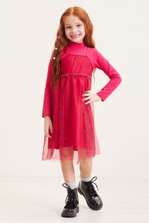 Vestido Infantil Menina Curto Tule Estrelas Elian Rosa