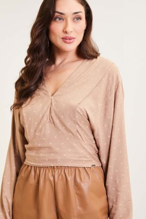 Blusa Feminina Estampa de Poá Marialícia  Marrom Claro