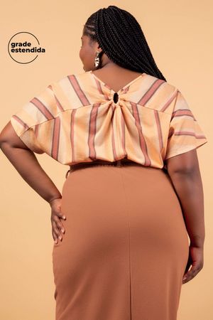 Blusa Feminina Creponada Estampa Listradas Marialícia Bege