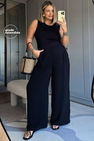 Calça Feminina Pantalona Texturizada Marialícia Preto