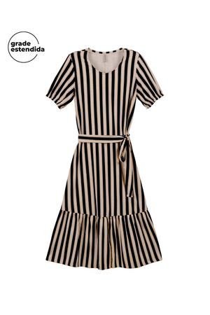 Vestido Feminino Midi Listrado Flamê Marialícia Preto