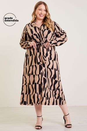 Vestido Feminino Midi com Amarração Marialícia Marrom Claro