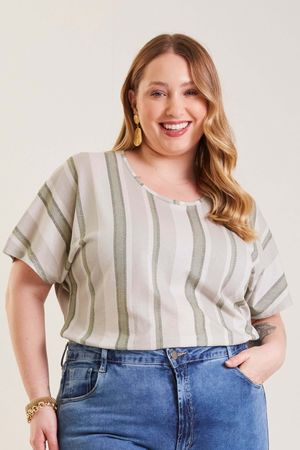 Blusa Feminina Creponada Estampa Listradas Marialícia Cinza