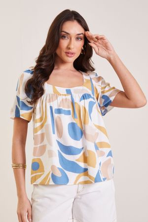 Blusa Feminina Ampla Geométrica Marialícia Bege