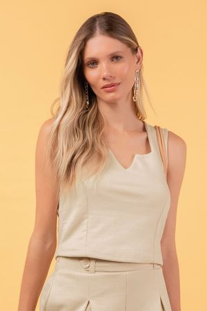 Blusa Feminina Cropped com Decote Diferenciado Marialícia Bege