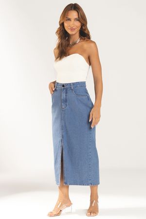 Saia Jeans Midi Fenda Frontal Marialícia Azul