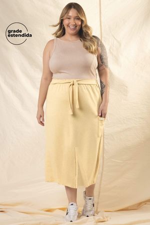 Saia Feminina Midi Com Fenda Comfy Marialícia Amarelo