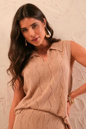 Blusa Feminina Gola Polo Tricô Marialícia Marrom