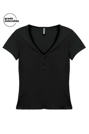 Blusa Feminina Básica Decote Botões Marialícia Preto