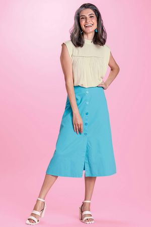 Saia Feminina Midi com Botões Frontais Marialícia Turquesa