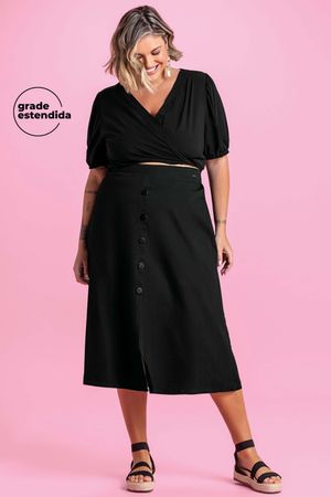 Saia Feminina Midi com Botões Frontais Marialícia Preto
