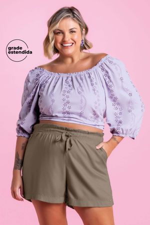 Shorts Feminino Curto com Cordão Decorativo Marialícia Bege