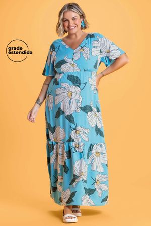 Vestido Feminino Longo Estampado Flores Marialícia Azul