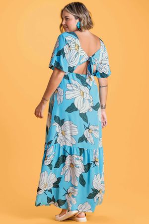Vestido Feminino Longo Estampado Flores Marialícia Azul