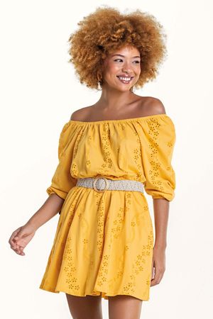 Vestido Feminino Curto com Manga Bufante Marialícia Amarelo