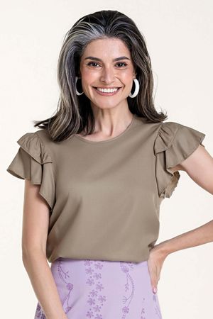 Blusa Feminina Manga com Babado Marialícia Bege