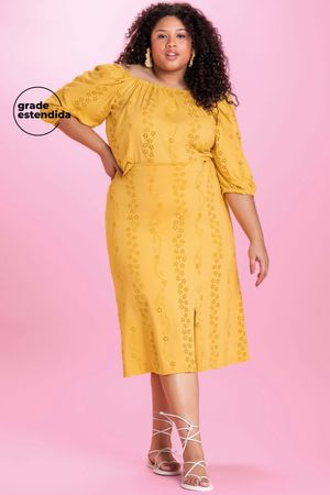 Saia Feminina Midi com Fenda Frontal Marialícia Amarelo