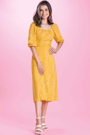 Saia Feminina Midi com Fenda Frontal Marialícia Amarelo