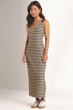 Vestido Feminino Listrado Marialícia Bege